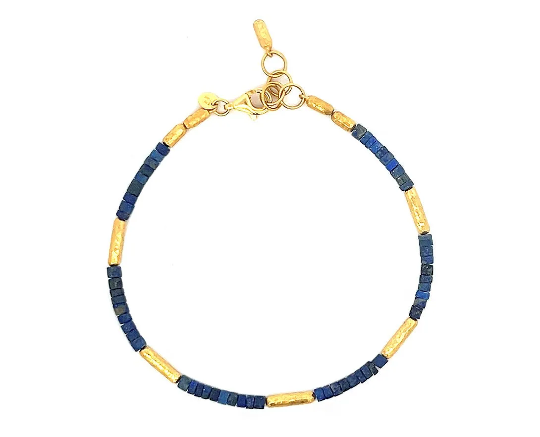 Yellow gold bead bracelets with lapis lazuli, diamonds and turquois