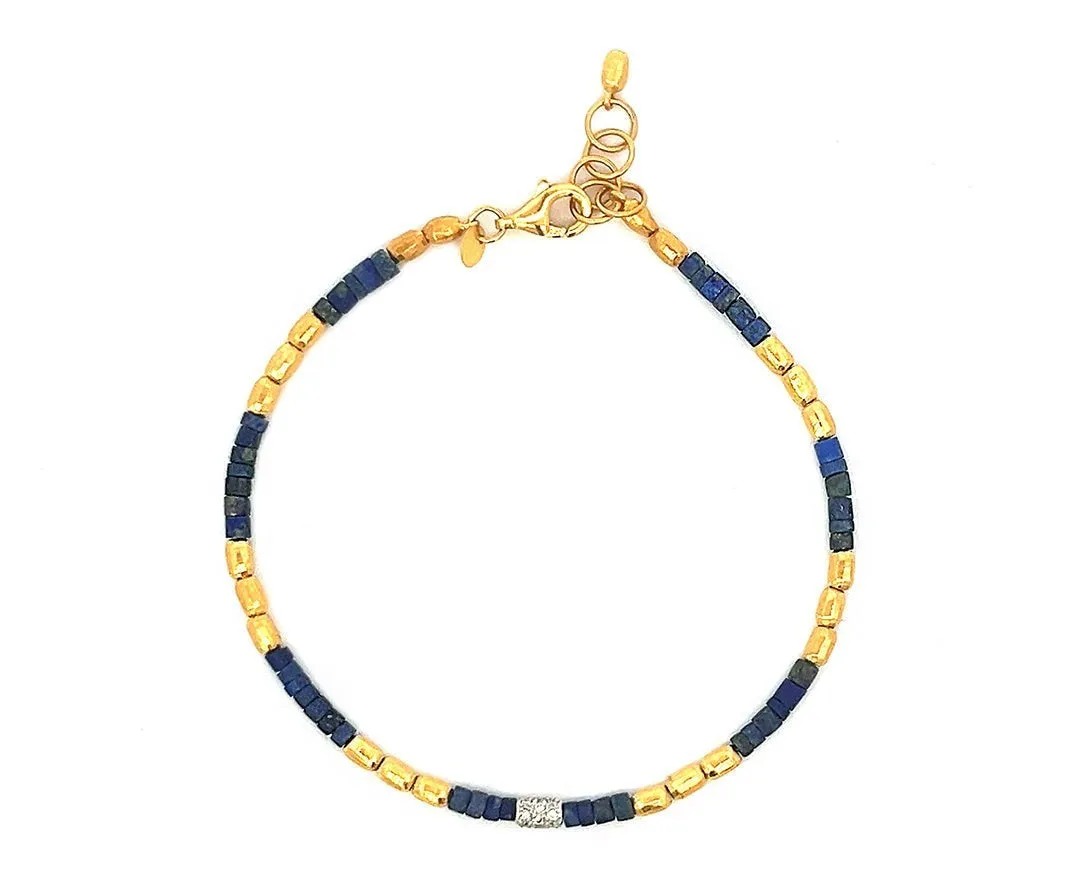 Yellow gold bead bracelets with lapis lazuli, diamonds and turquois